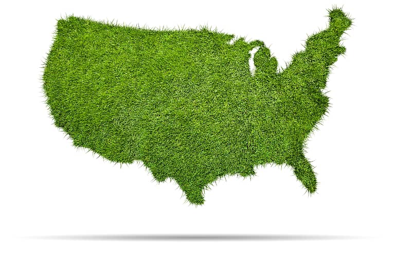 A composite image made of a silhouette of the United States covered in grass.